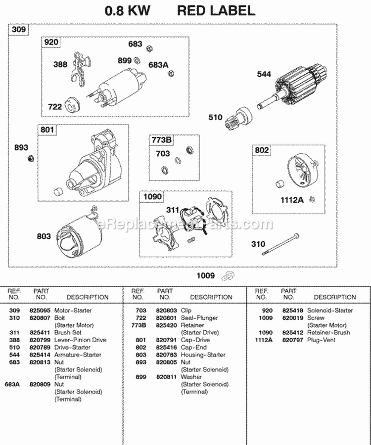 Starter Motor 08 Kw Red Label Diagram and Parts List for 581447-0375-E2  Briggs and Stratton Engine